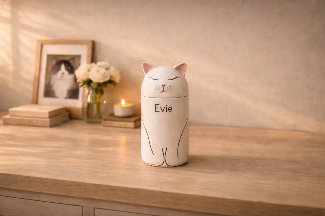 custom cat urn for ashes displayed with pet photo in a peaceful home memorial corner