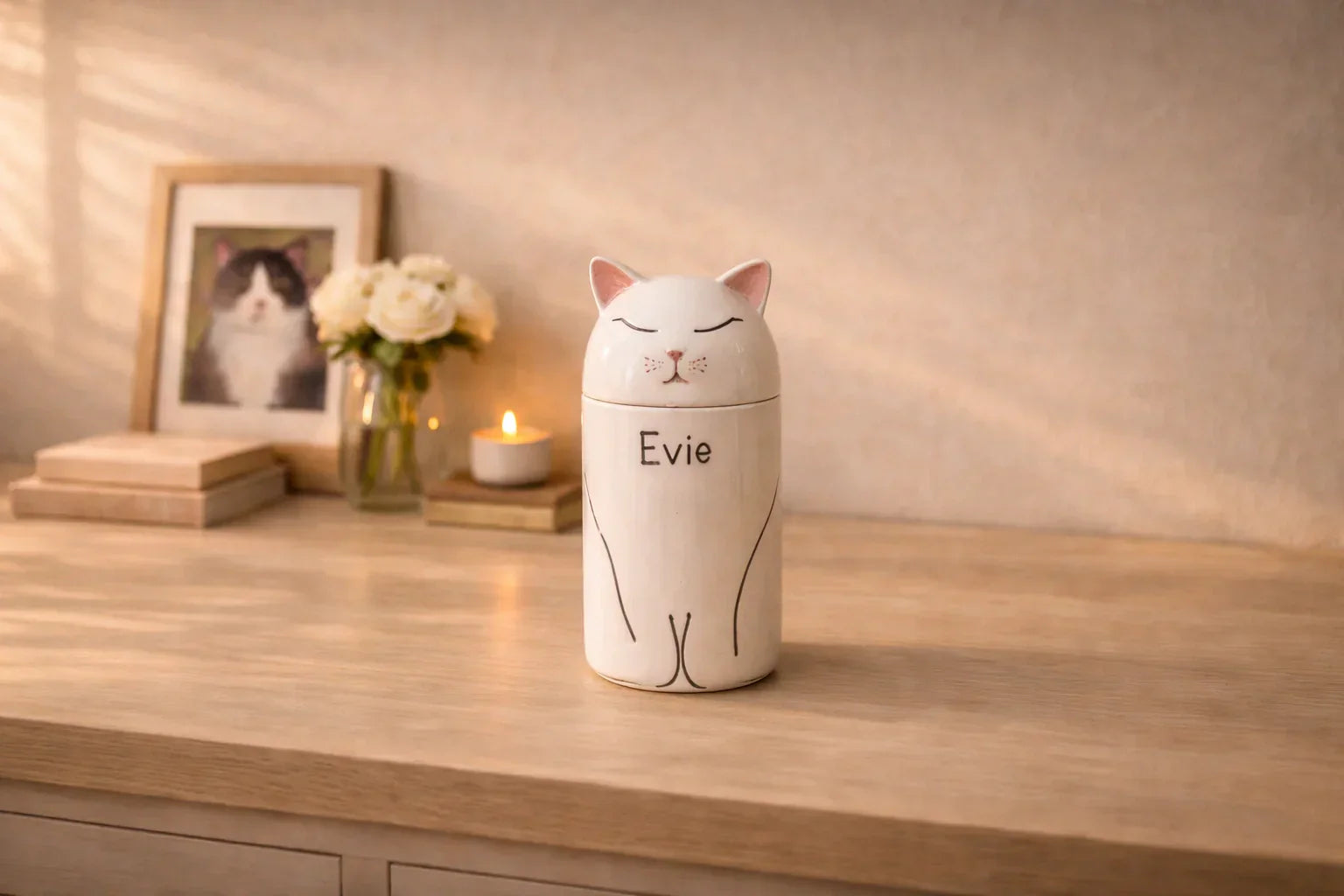 custom cat urn for ashes displayed with pet photo in a peaceful home memorial corner