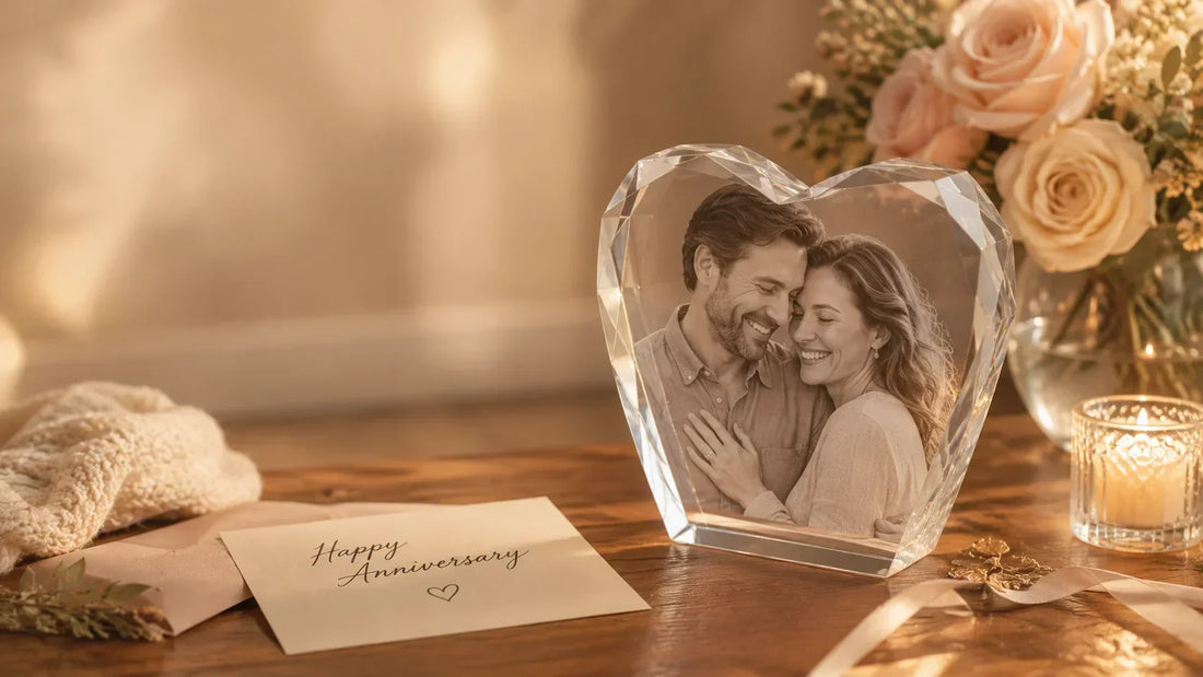 Personalized anniversary photo crystal with couple portrait, flowers, and candlelight