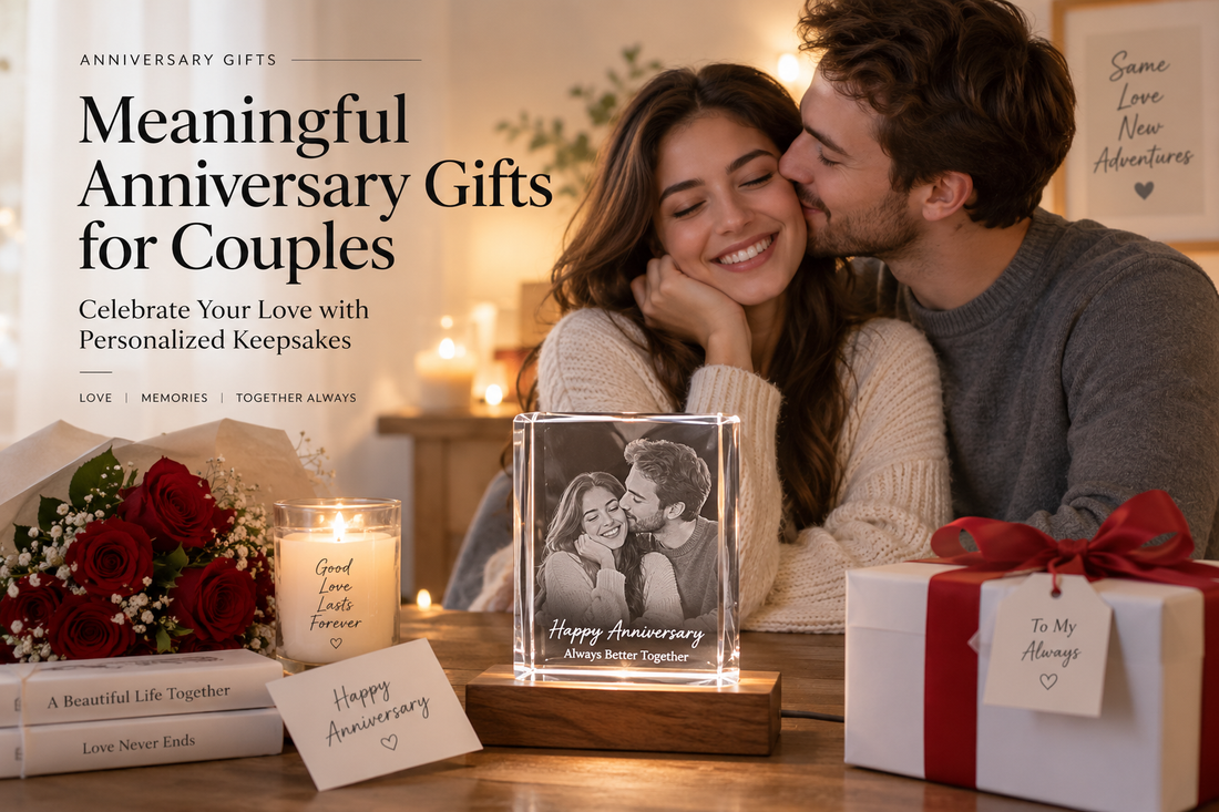 Couple celebrating an anniversary with a personalized 3D photo crystal gift