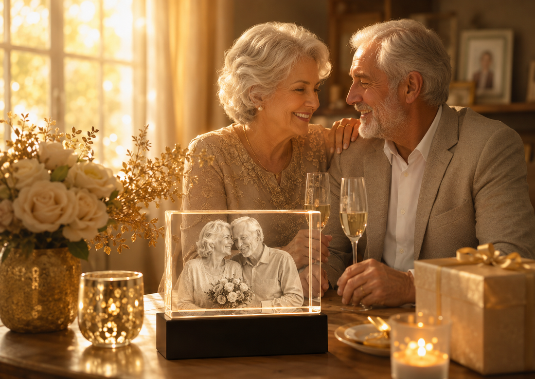 Older couple celebrating their wedding anniversary with a personalized photo crystal keepsake