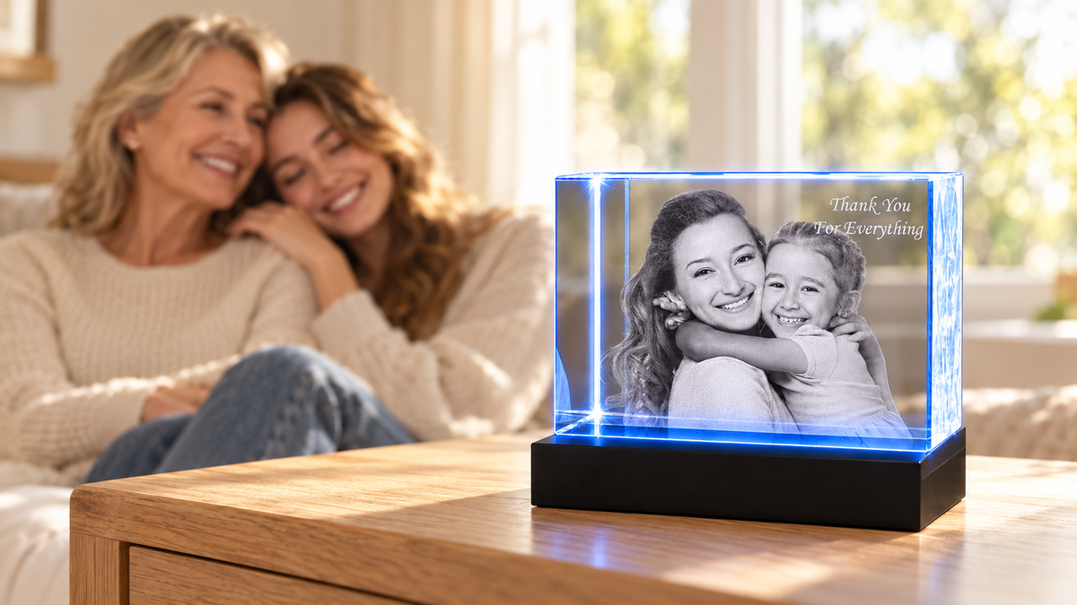 Rectangular 3D photo crystal with a mother-and-child portrait in a family living room