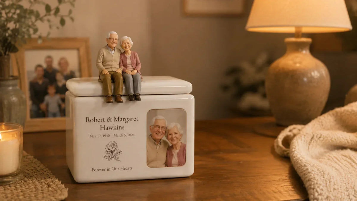 Grandparents memorial keepsake with matching figurines and family photo in a warm home setting