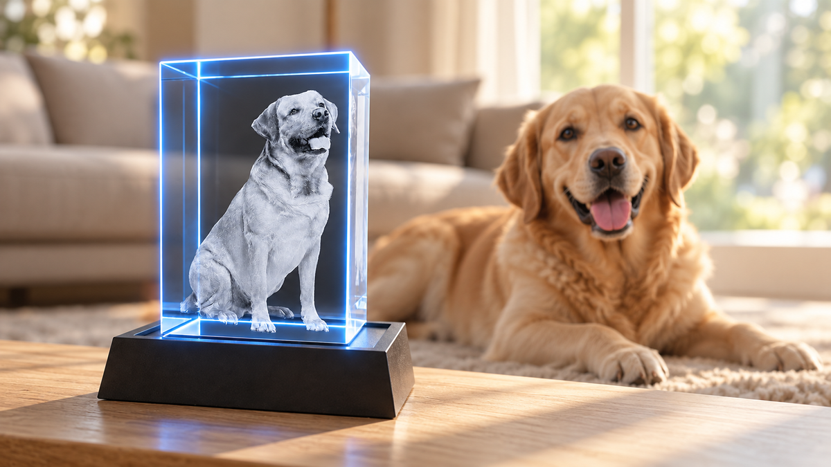 Blue-lit rectangular pet photo crystal beside a dog in a bright living room