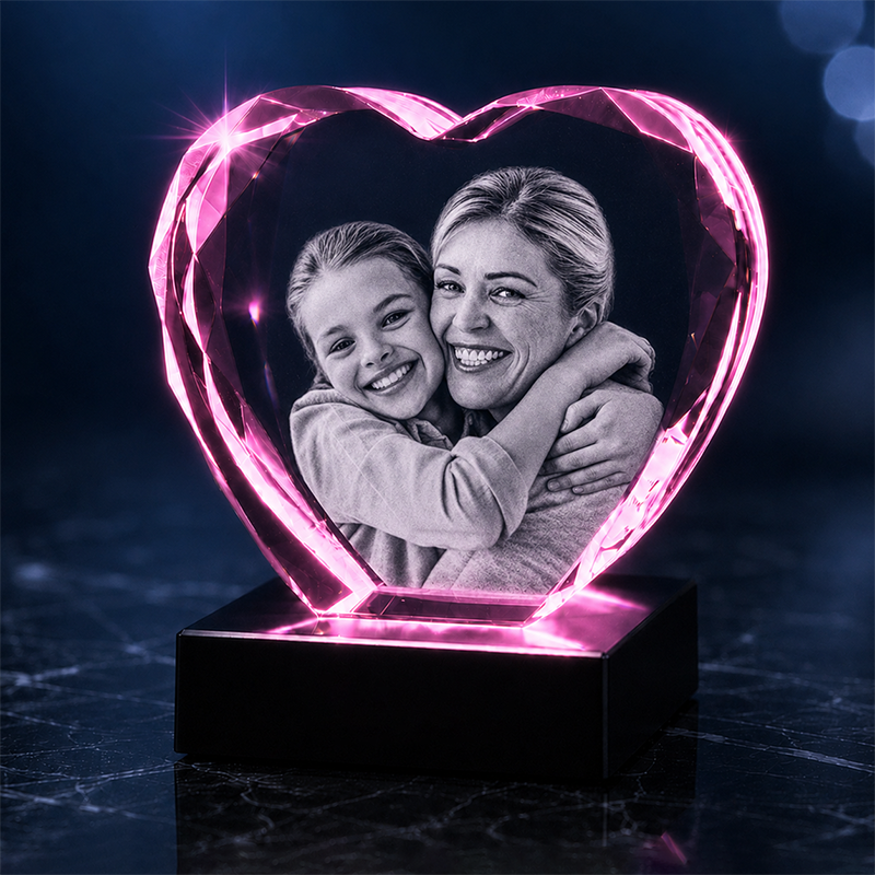 Custom 3D Crystal Photo - Faceted Heart- Mother's Day Crystal Gift - Living Room Decor