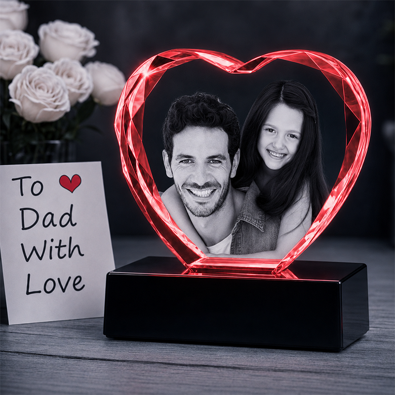 Custom 3D Crystal Photo - Faceted Heart- Father's Day Crystal Gift - Living Room Decor