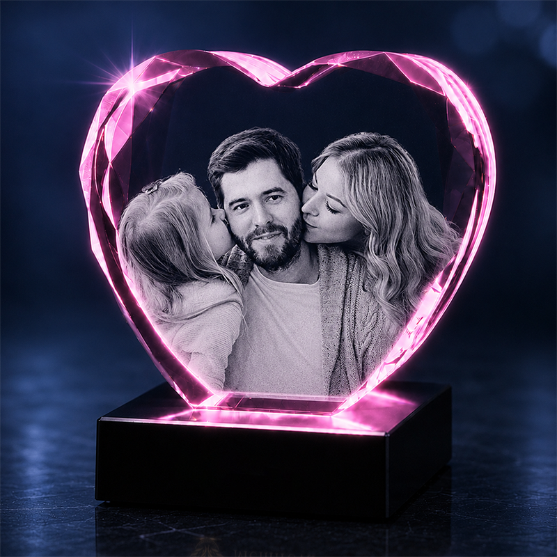 Custom 3D Crystal Photo - Faceted Heart- Father's Day Crystal Gift - Living Room Decor