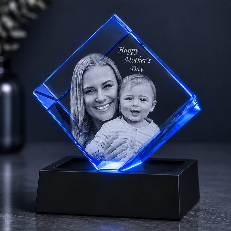 Custom 3D Crystal - Cube - Mother's Day Crystal Gift with LED Base - Living Room Decor