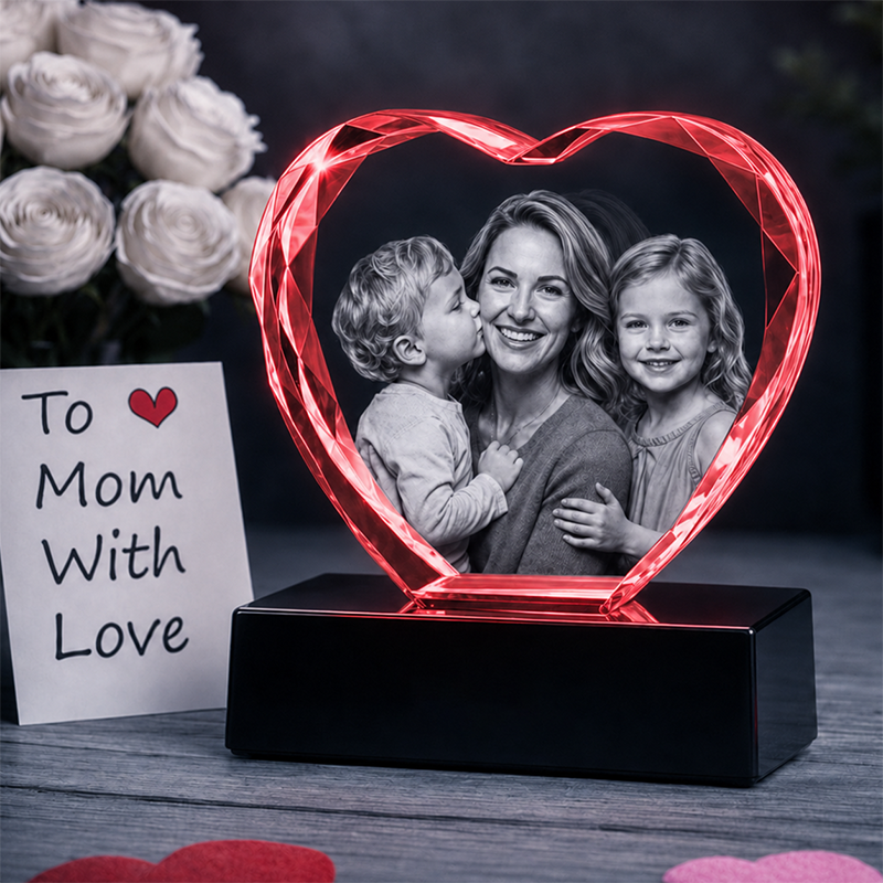 Custom 3D Crystal Photo - Faceted Heart- Mother's Day Crystal Gift - Living Room Decor