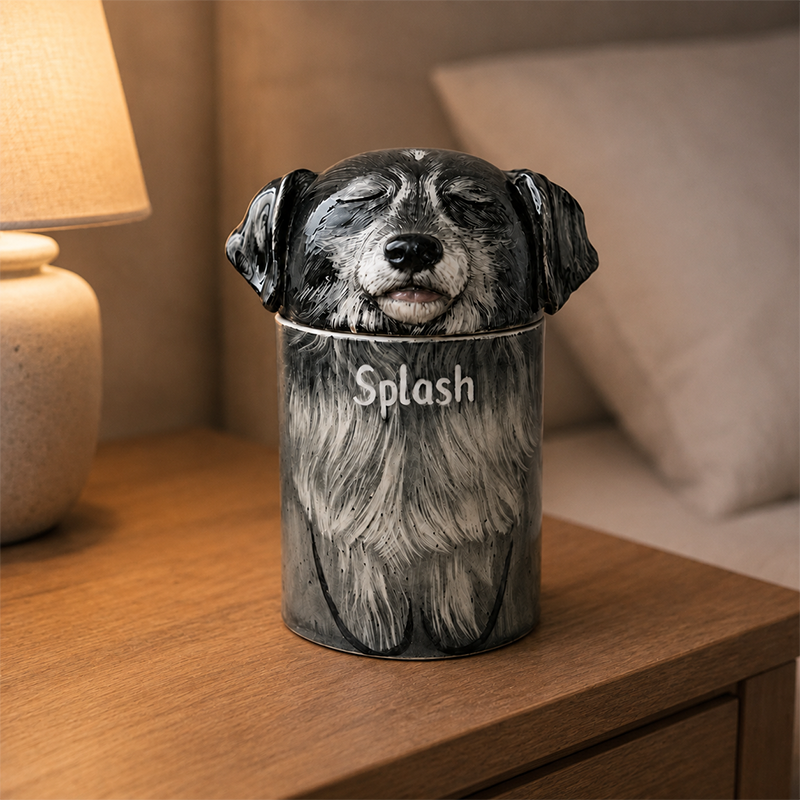 Hand Painted Dog Urn from Photo Preserve the Long Fur Details You Remember