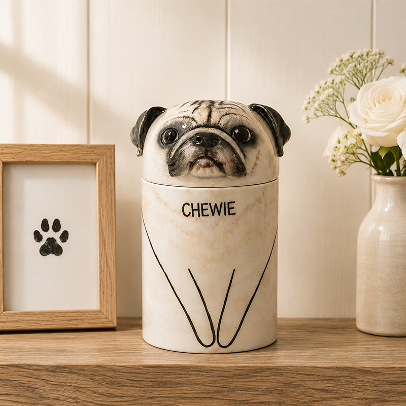 Custom Dog Cremation Urn Hand Painted from Photo Capture Their Distinctive Pug Face