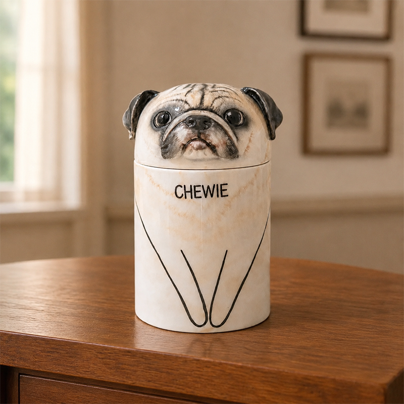 Custom Dog Cremation Urn Hand Painted from Photo Capture Their Distinctive Pug Face