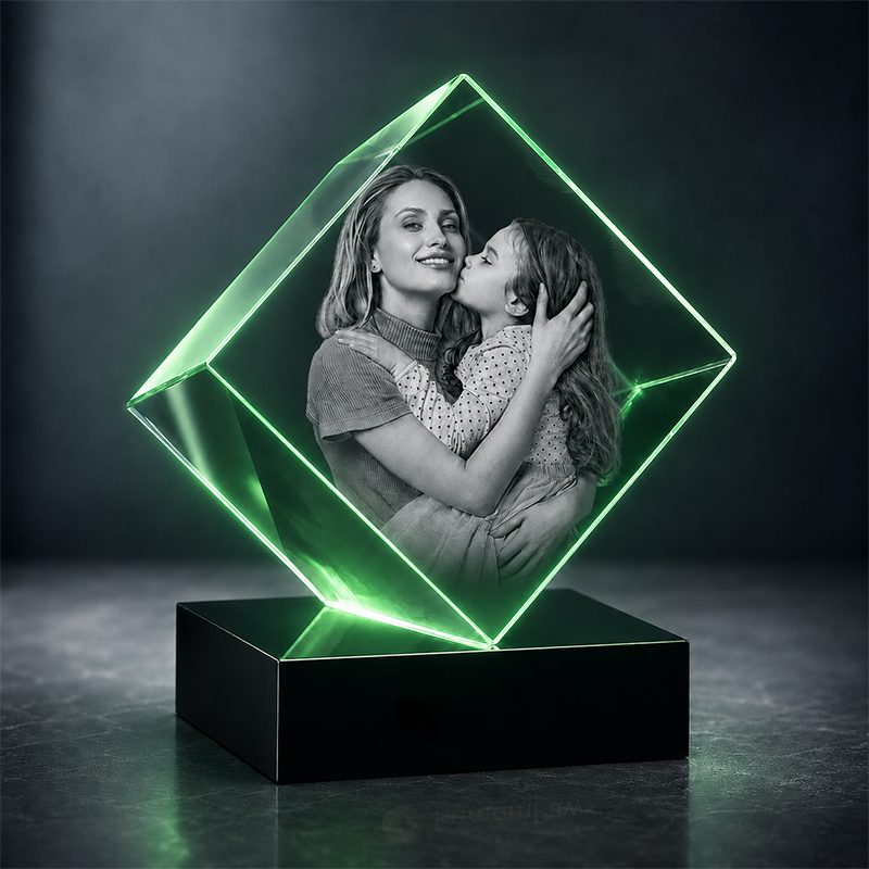 Custom 3D Crystal - Cube - Mother's Day Crystal Gift with LED Base - Living Room Decor