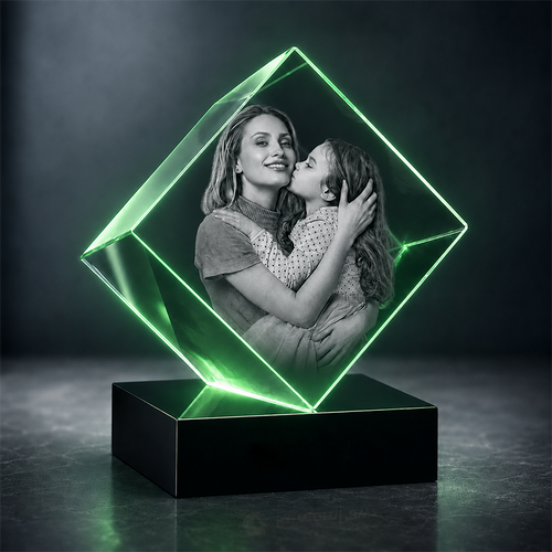 Custom 3D Crystal - Cube - Mother's Day Crystal Gift with LED Base - Living Room Decor