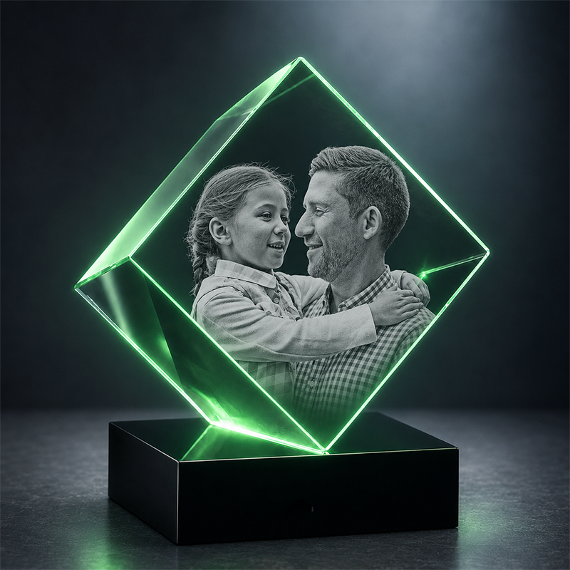 Custom 3D Crystal - Cube - Father's Day Crystal Gift with LED Base - Living Room Decor