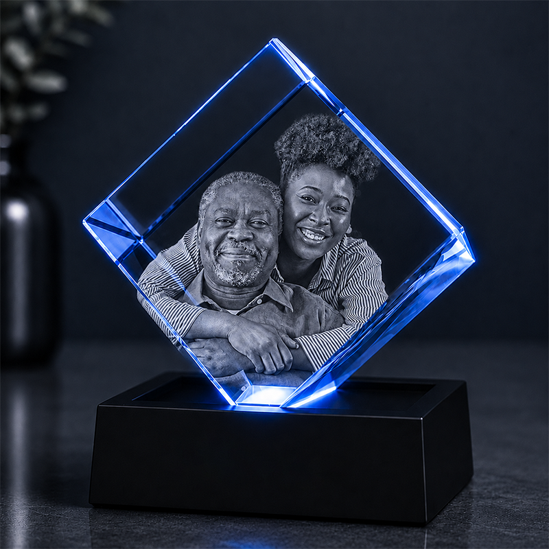 Custom 3D Crystal - Cube - Father's Day Crystal Gift with LED Base - Living Room Decor
