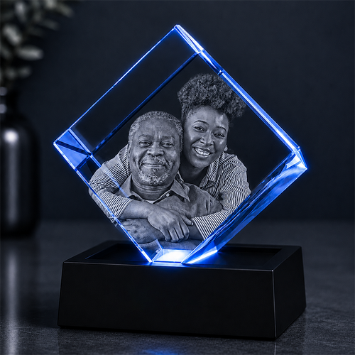 Custom 3D Crystal - Cube - Father's Day Crystal Gift with LED Base - Living Room Decor