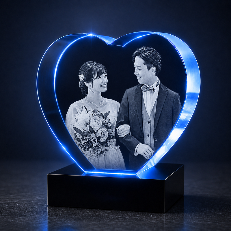 Custom 3D Crystal - Heart - Wedding Crystal Gift with LED Base - Living Room Decor
