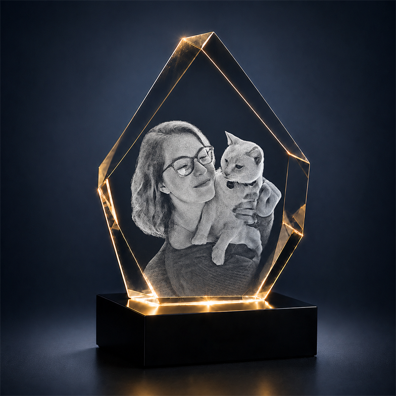 Custom 3D Crystal - Hexagon - Pet Crystal Gift with LED Base - Living Room Decor