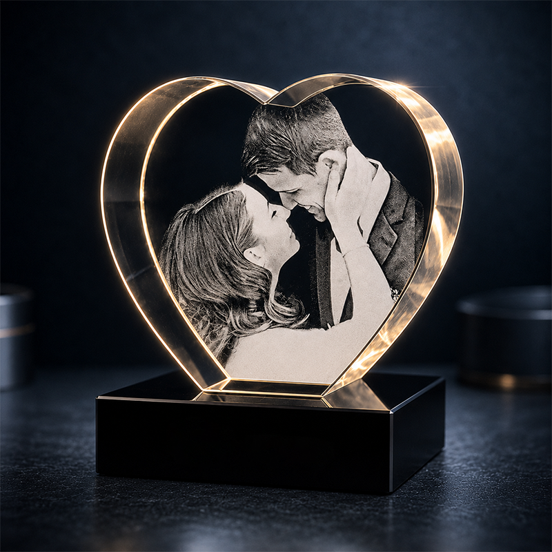 Custom 3D Crystal - Heart - Wedding Crystal Gift with LED Base - Living Room Decor
