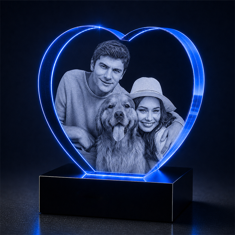 Custom 3D Crystal - Heart - Anniversary Crystal Gift with LED Base - Living Room Decor
