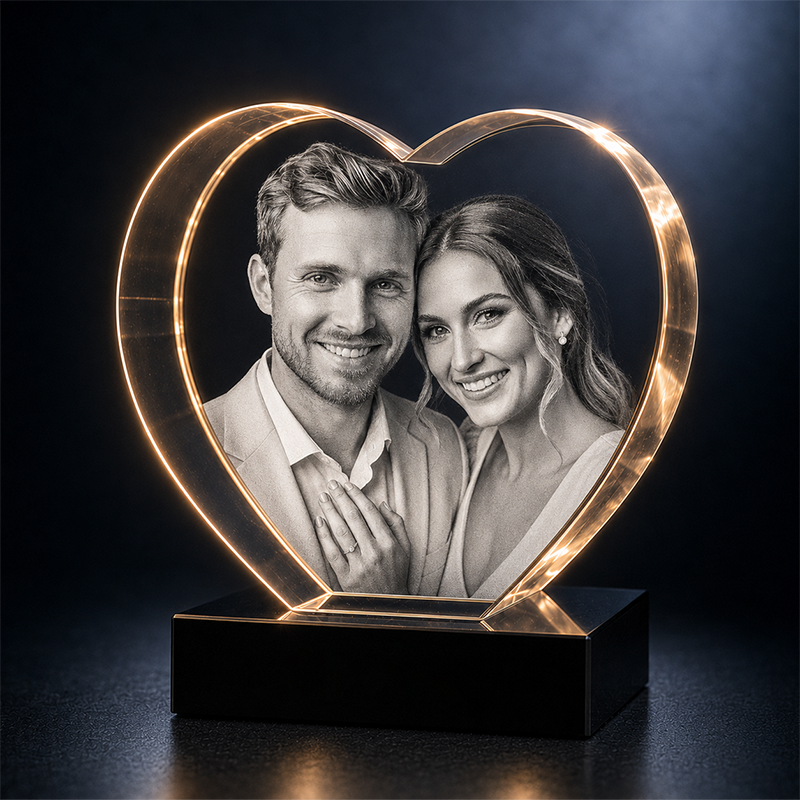 Custom 3D Crystal - Heart - Valentine's Crystal Gift with LED Base - Living Room Decor