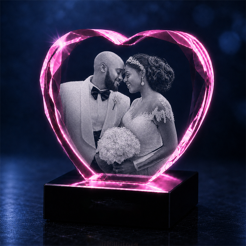 Custom 3D Crystal Photo - Faceted Heart- Engagement Crystal Gift - Living Room Decor