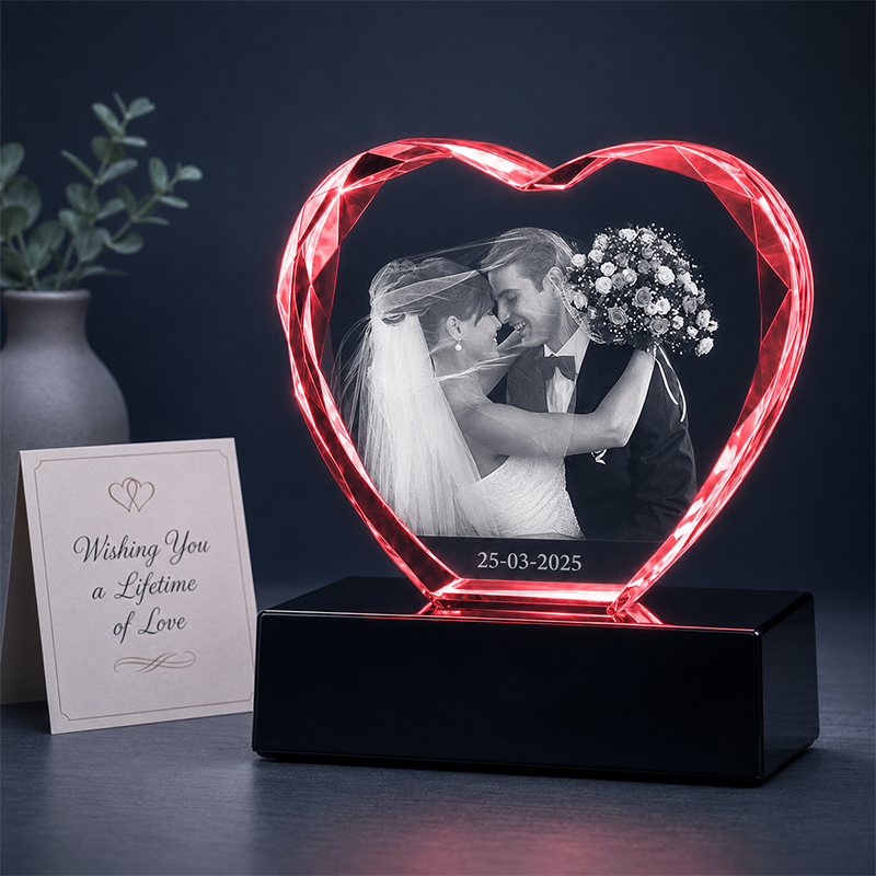 Custom 3D Crystal Photo - Faceted Heart- Engagement Crystal Gift - Living Room Decor