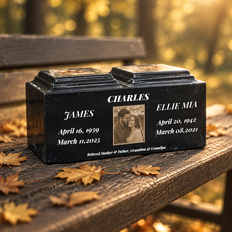 Custom double urn for ashes with personalized couple photo and memorial dates