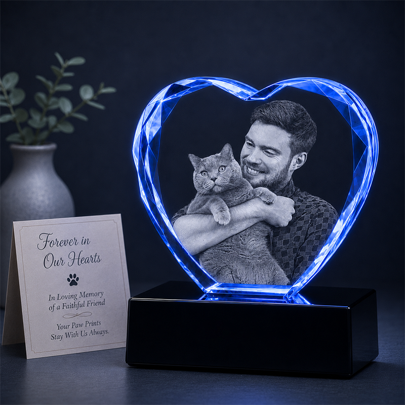 Custom 3D Pet Crystal Photo - Faceted Heart- Pet Lover Crystal Gift - Living Room Decor