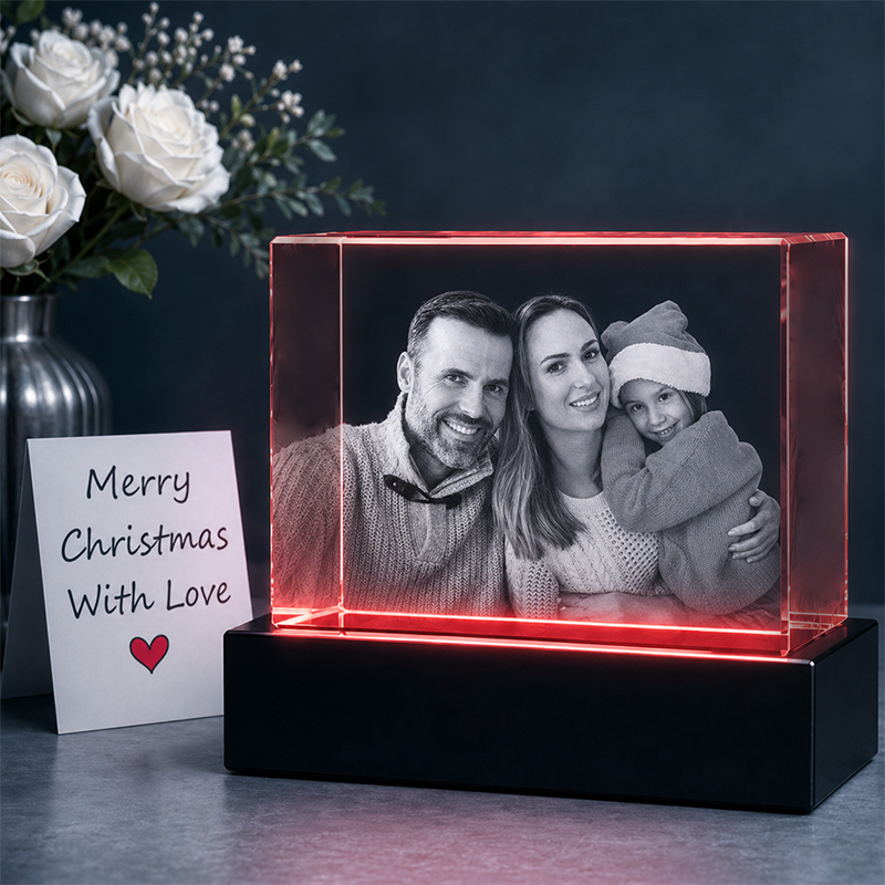 Custom 3D Crystal – Rectangle – Christmas Crystal Gift with LED Base – Living Room Decor