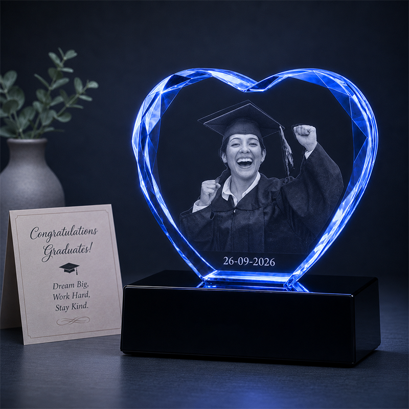 Custom 3D Crystal Photo - Faceted Heart-Graduation Photo Crystal Gift - Living Room Decor