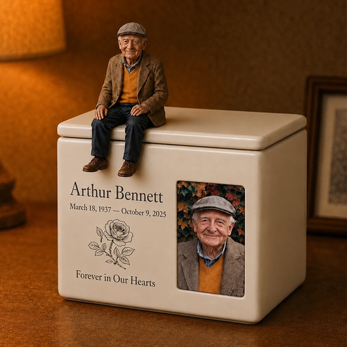 Ceramic Human Ashes Urn with Seated Figure Memorial That Brings Quiet Comfort and Gentle Remembrance