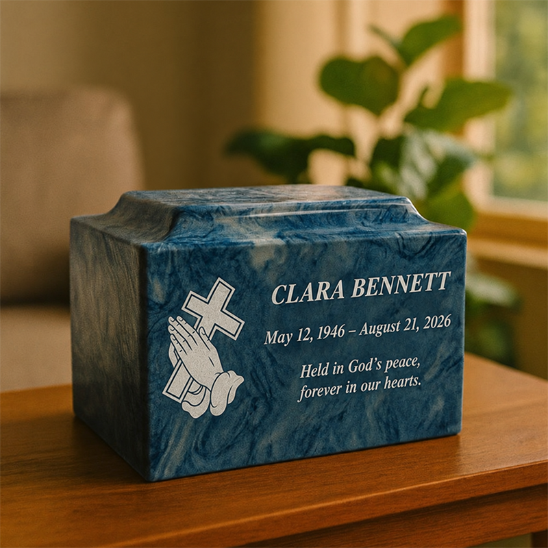 Personalized cremation urn for two loved ones with custom portrait