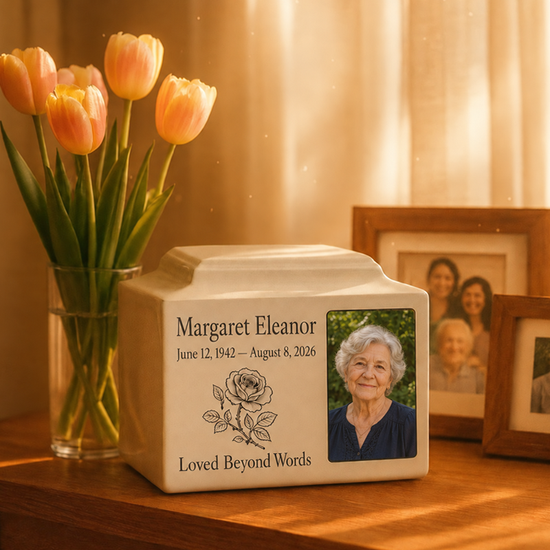 Custom Photo Urn for Human Ashes Made to Keep Their Memory Close in a Personal Ceramic Memorial Box