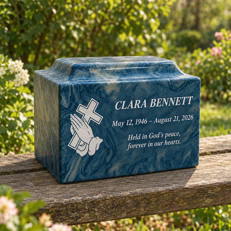 Personalized cremation urn for two loved ones with custom portrait