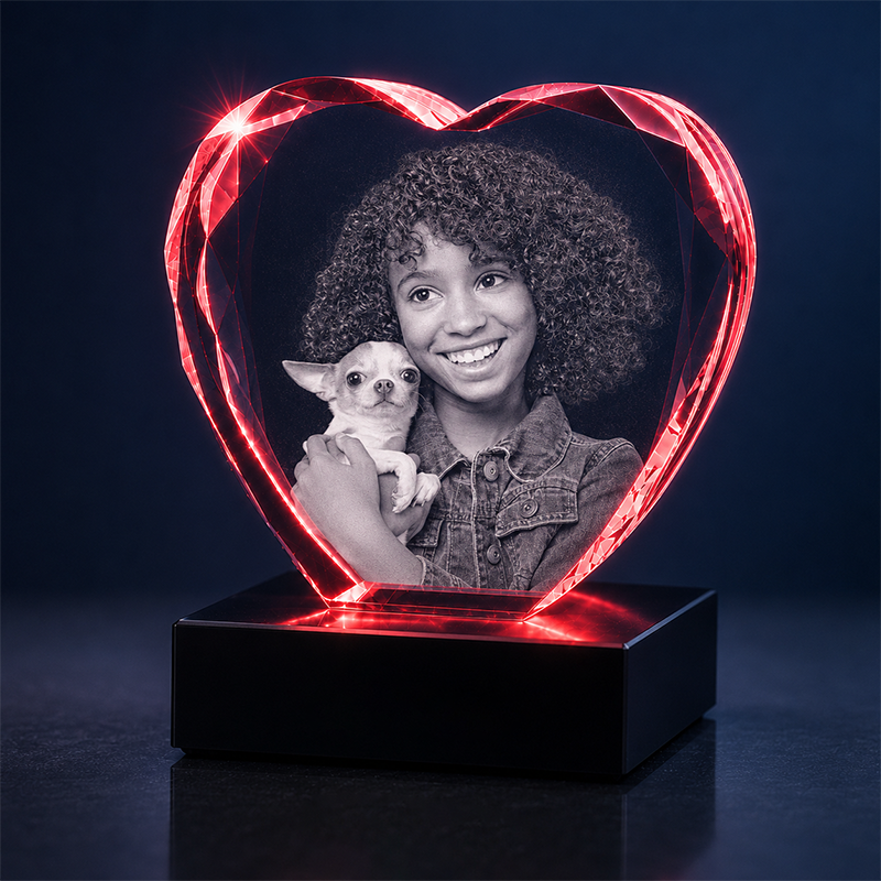 Custom 3D Pet Crystal Photo - Faceted Heart- Pet Lover Crystal Gift - Living Room Decor