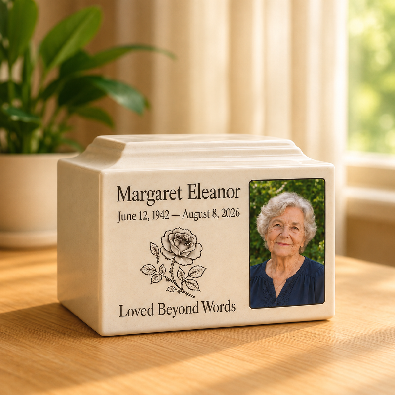 Custom Photo Urn for Human Ashes Made to Keep Their Memory Close in a Personal Ceramic Memorial Box