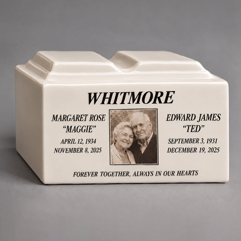 Companion Keepsake Urn for Human Ashes Personalized with Photos to Honor Two Lives and Keep Their Memories Close