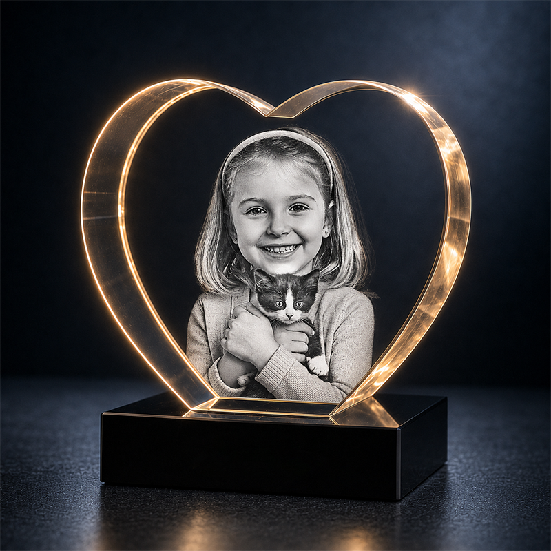 Custom 3D Crystal - Heart - Pet Crystal Gift with LED Base - Living Room Decor