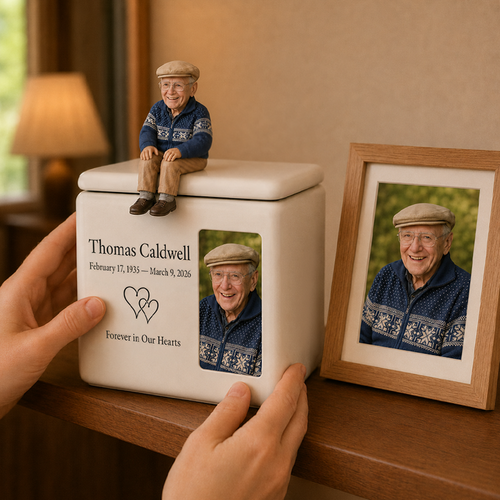 Personalized ceramic ashes urn with inscription
