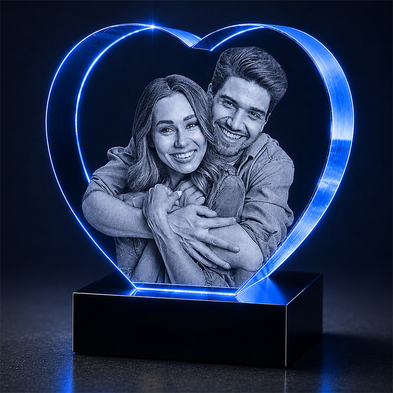 Custom 3D Crystal - Heart - Valentine's Crystal Gift with LED Base - Living Room Decor
