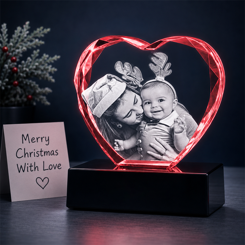 Custom 3D Crystal Photo - Faceted Heart- Christmas Crystal Gift - Living Room Decor