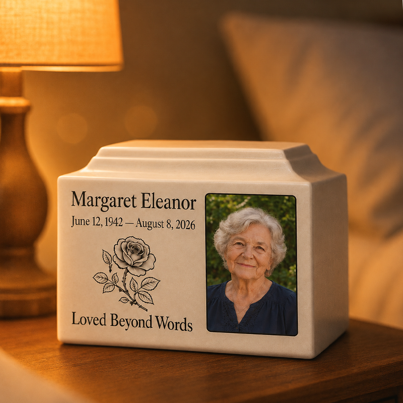 Custom Photo Urn for Human Ashes Made to Keep Their Memory Close in a Personal Ceramic Memorial Box