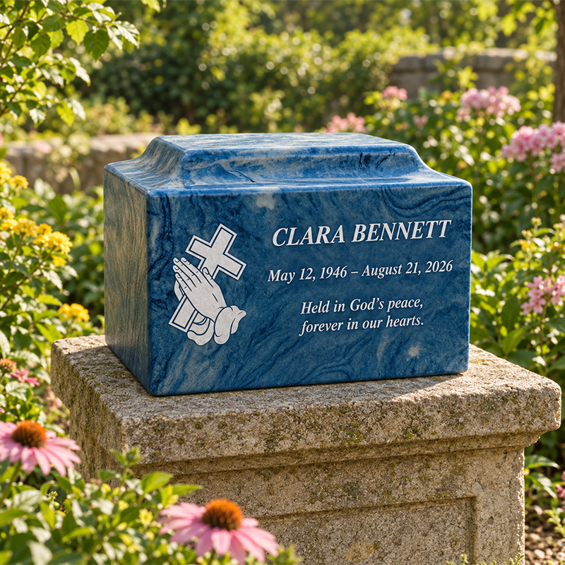 Personalized cremation urn for two loved ones with custom portrait