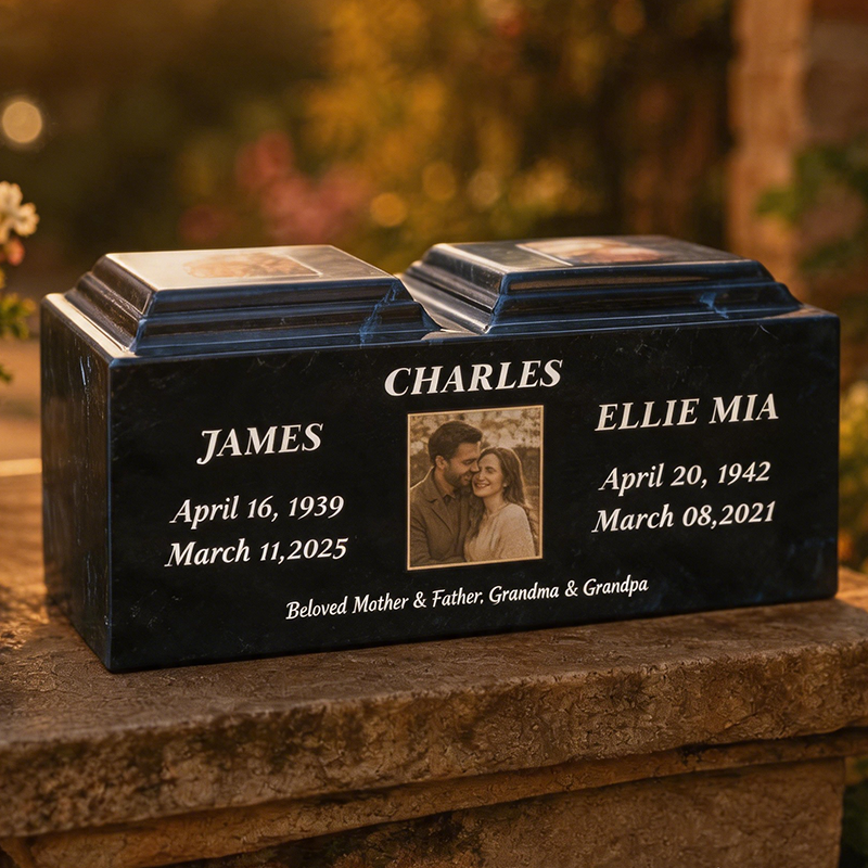 Personalized companion urn for two with custom photo names and dates