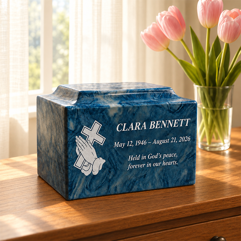 Personalized cremation urn for two loved ones with custom portrait