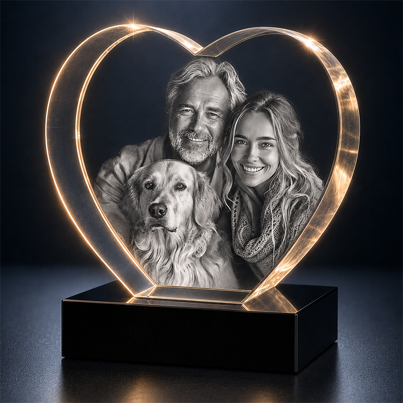 Custom 3D Crystal - Heart - Valentine's Crystal Gift with LED Base - Living Room Decor
