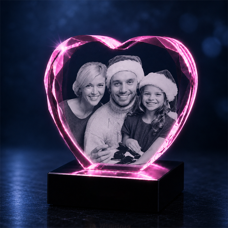 Custom 3D Crystal Photo - Faceted Heart- Christmas Crystal Gift - Living Room Decor
