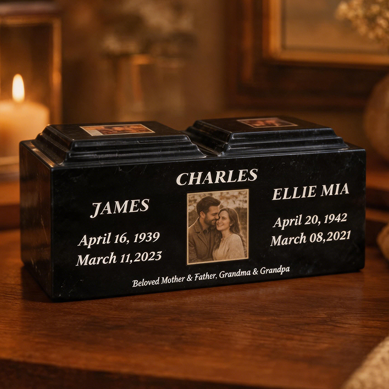 Custom couple cremation urn for ashes with personalized memorial portrait